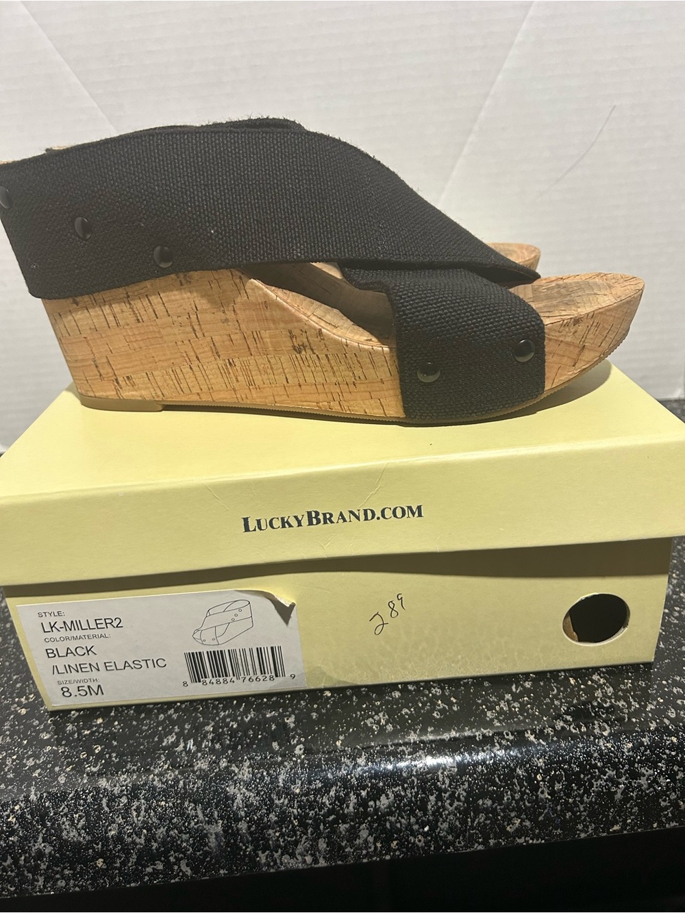 Lucky Brand Black Linen Elastic Cork Wedge Sandals